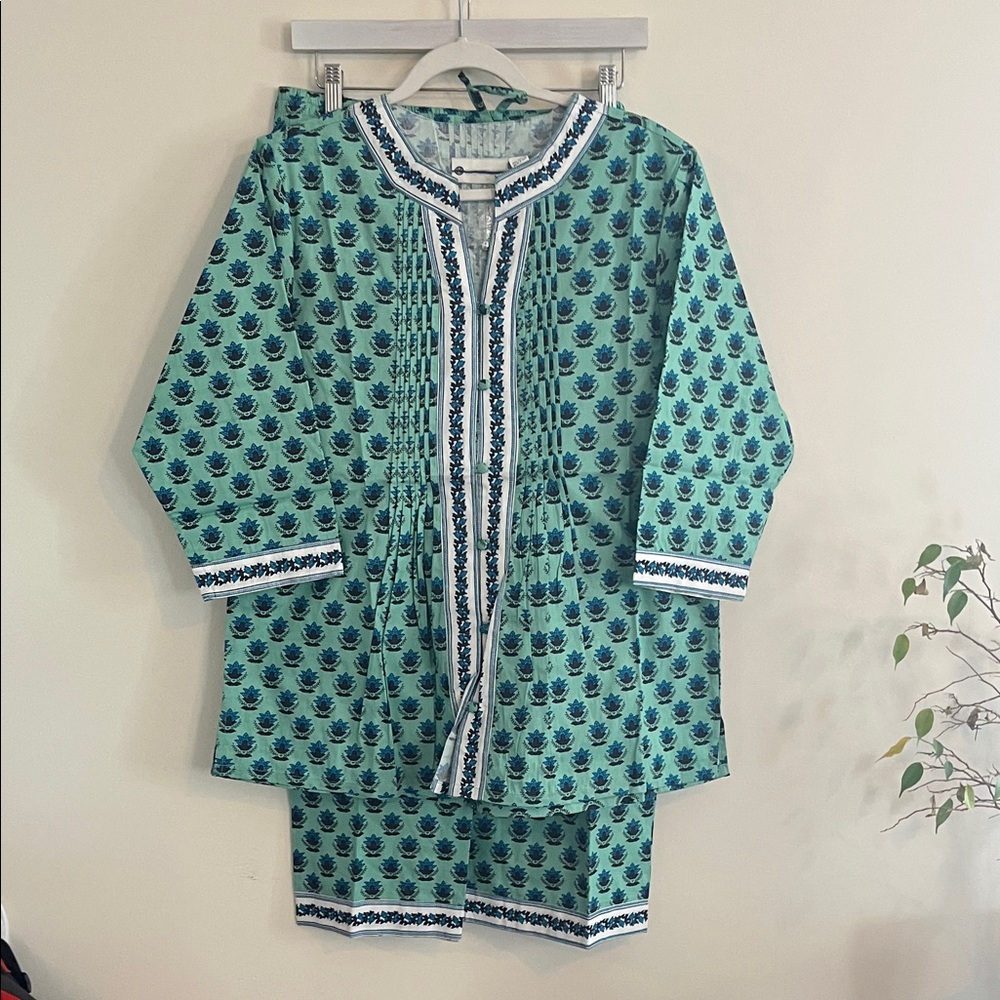 Ella Simone Pajama Set Cotton Paisley Luxury Floral Green Blue‎ Vacation Resort